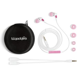 LilGadgets Wired Ear Buds for Kids - Safe & Comfortable, Volume Limited, Wired Earbuds for Kids with an in-Line Microphone, Travel Case, and Splitter - Pink