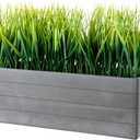 MyGift 14 Inch Artificial Green Grass Plants in Ribbed Dark Gray Concrete Rectangle Planters, Tabletop Faux Greenery in Rectangular Cement Pot Centerpiece Décor