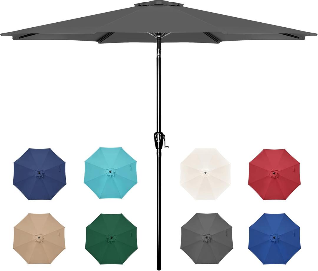 HealSmart 9ft Patio Umbrella with Push Button Tilt/Crank, Outdoor Table Market Yard Umbrella with 8 Sturdy Ribs for Garden, Backyard, Deck, Pool, Grey