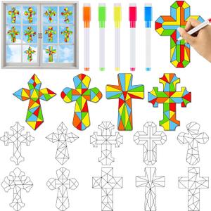 30 Pack Cross Window Suncatchers Crafts Kit for Christian Religious Bible DIY Coloring Crafts Window Clings Stickers Kit Sunday School Easter Decor with 10 Markers for Home Classroom Decorations