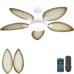 PHORUS 52" Palm Leaf Ceiling Fans with Lights, Outdoor Tropical Ceiling Fans with Remote for Patios Living Room, Dimmable, 6 Speeds, Reversible, Wood Grain