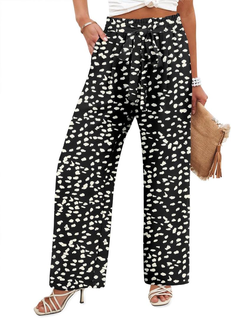 Angerella Womens Wide Leg Pants High Elastic Waist Adjustable Knot Casual Flowy Trousers Business Work Pants with Pockets (Small, #1 B-Blackdot)