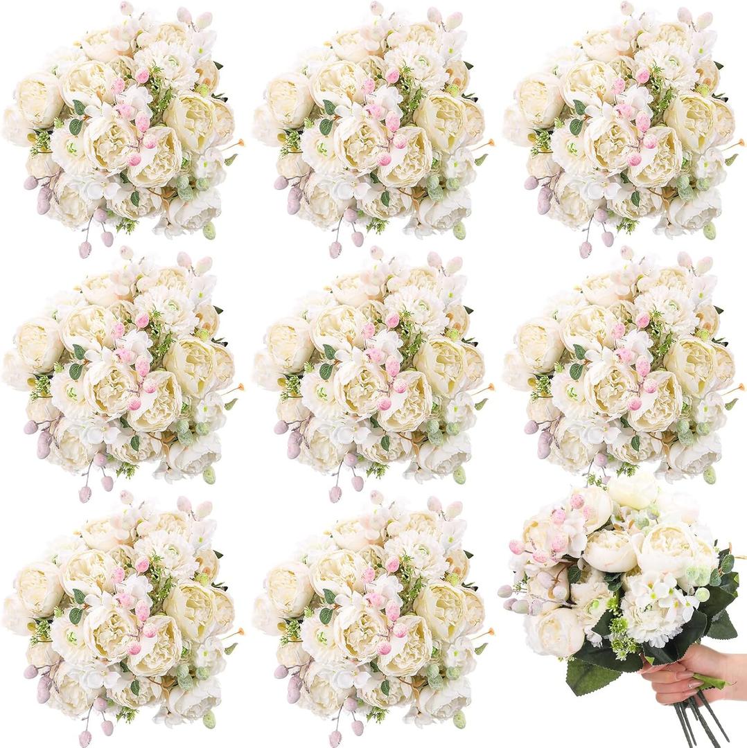 Crowye 16 Bundles Artificial Peony Silk Flower Hydrangea Fake Peony Bouquet Elegant Faux Flowers with Stems for Wedding Table Centerpiece Party Home DIY Decoration (White)