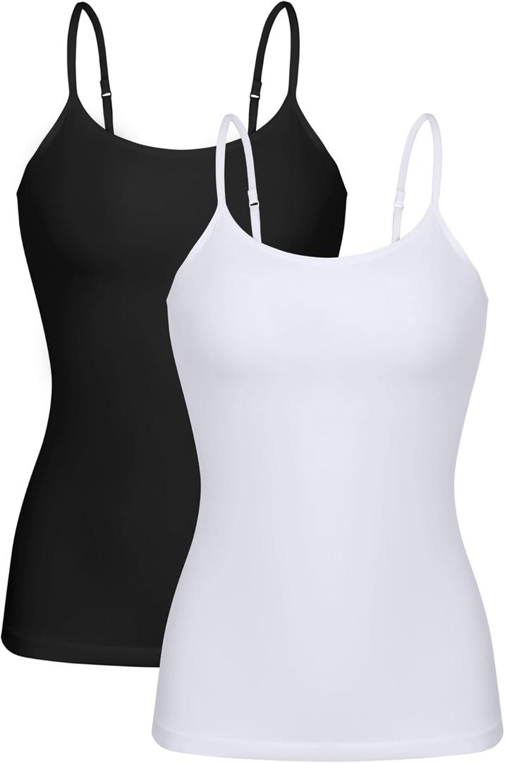 beautyin Cotton Camisole Tops for Women Shelf Bra Adjustable Spaghetti Strap Tank Top Basic Cami Undershirt (Small, White/Black 2 Pack)