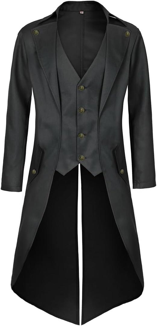 Mens Pirate Coat Steampunk Jacket Tailcoat Renaissance Jacket Halloween Hatter Costume (Black, S)