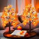 2 Packs 24 Inch Lighted Maple Tree Fall Thanksgiving Decorations with 48 LEDs Timer Battery Operated 3D Acorn Maple Lampshade Artificial Autumn Tree Lights for Thanksgiving Table Decor Home Indoor