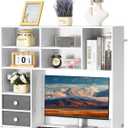 VEVOR Desktop Bookshelf, 3-Tier Desktop Storage Organizer, 37" x 10" x 31.1" Office Storage Rack Wood Display Shelf, Desktop Bookshelf Hutch with 2 Fabric Drawers, for Office, Home & Dorm, White, 3 Shelves