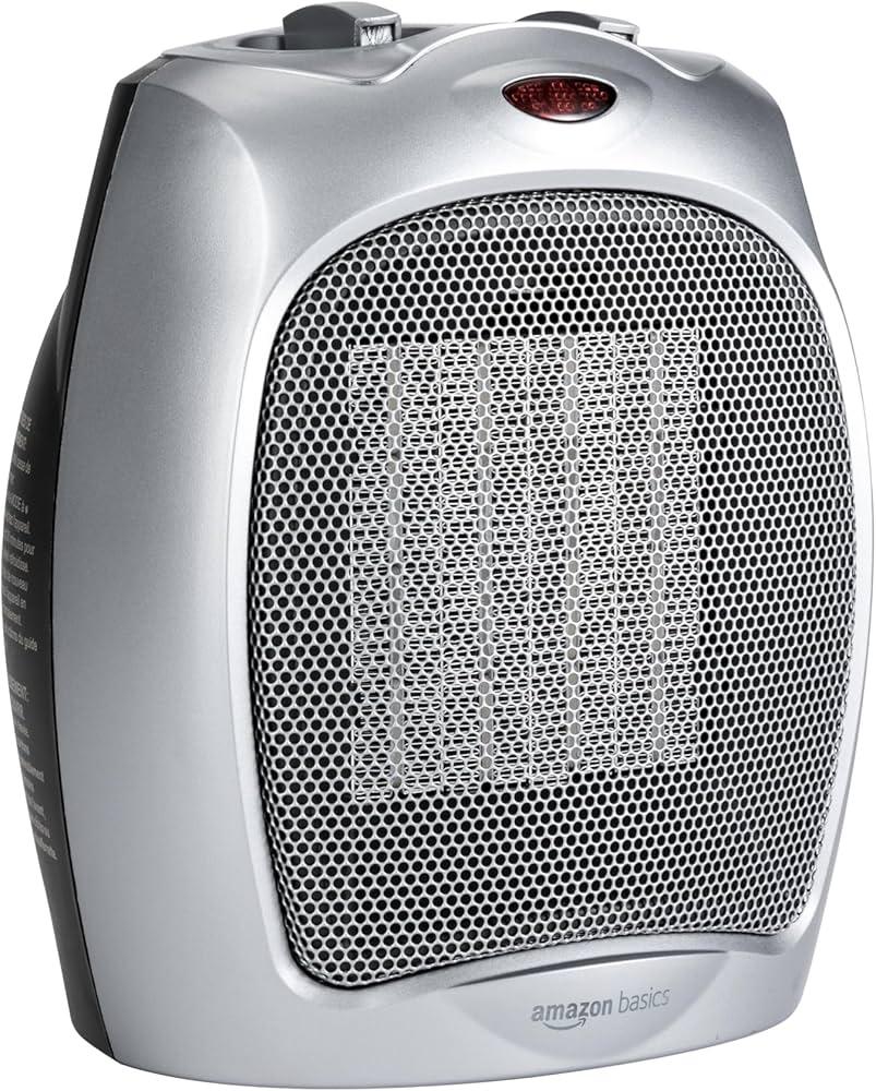 Basics Ceramic Space Heater, Portable Indoor Heating Solution, With Overheat and TipOver Protection, Thermostat, NonOscillating, 1500W, Fast Heating, 7.52"D x 6.34"W x 9.45"H, Silver