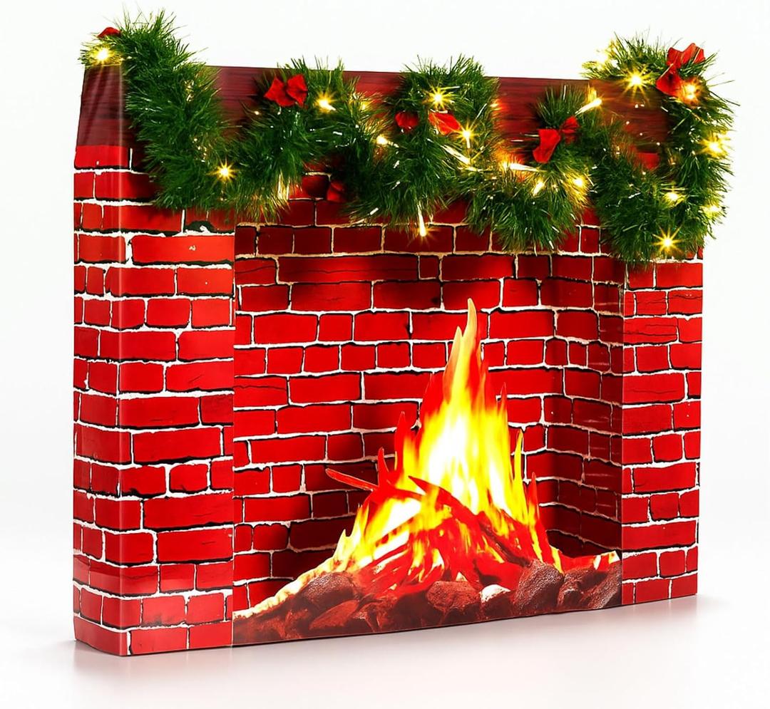 24.4 x 19.7 Inch Christmas Fireplace Decoration Set Included 3D Red Brick Stand-Up- Fake Cardboard Fireplace, 9.8ft Green Garland, LED String Light, Red Bows for Christmas Decor