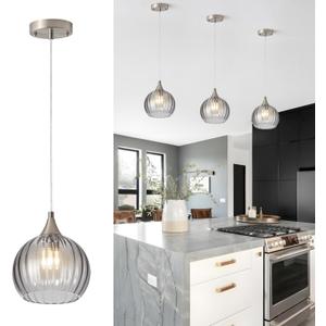 Brushed Nickel Pendant Lights Kitchen Island, Globe Pendant Light Fixtures with 8 Inch Clear Glass Shade, Modern Hanging Light Fixtures for Kitchen, Bedroom (1 Pack - Gray Glass Pendant Light)