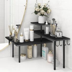 Homode Bathroom Counter Organizer Corner Shelf, Kitchen Countertop Organizer, 3 Tier Wood Counter Shelf Stand for Over The Sink, Coffee Station, Desktop, Black (Black, With Hooks)