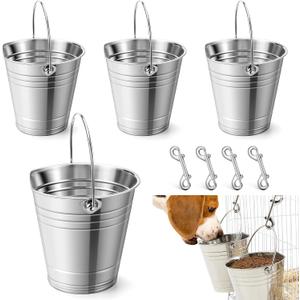 Mumufy 4 Set 2 Quart Stainless Steel Flat Side Bucket Durable Water Pails with Double Ended Snaps Small Metal Bucket Flat Back Water Pails for Dogs Cats Kennels Cages Fences Pet Container