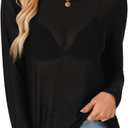 LYANER Women's Sheer Mesh Long Sleeve Round Neck Sexy See Through Blouse Shirt Top (Large, Black)