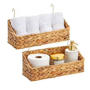 Farmlyn Creek 2 Pack Wall Mounted Hyacinth Storage Baskets with Hooks for Laundry Room, Nursery (15 x 6 x 6 Inches)