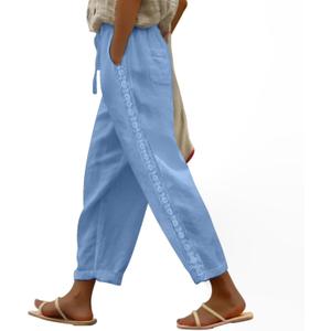 Puimentiua Women Linen Pants Lightweight Pants with Lace Side Summer Casual Beach Drawstring Elastic Waist Trousers, XXL