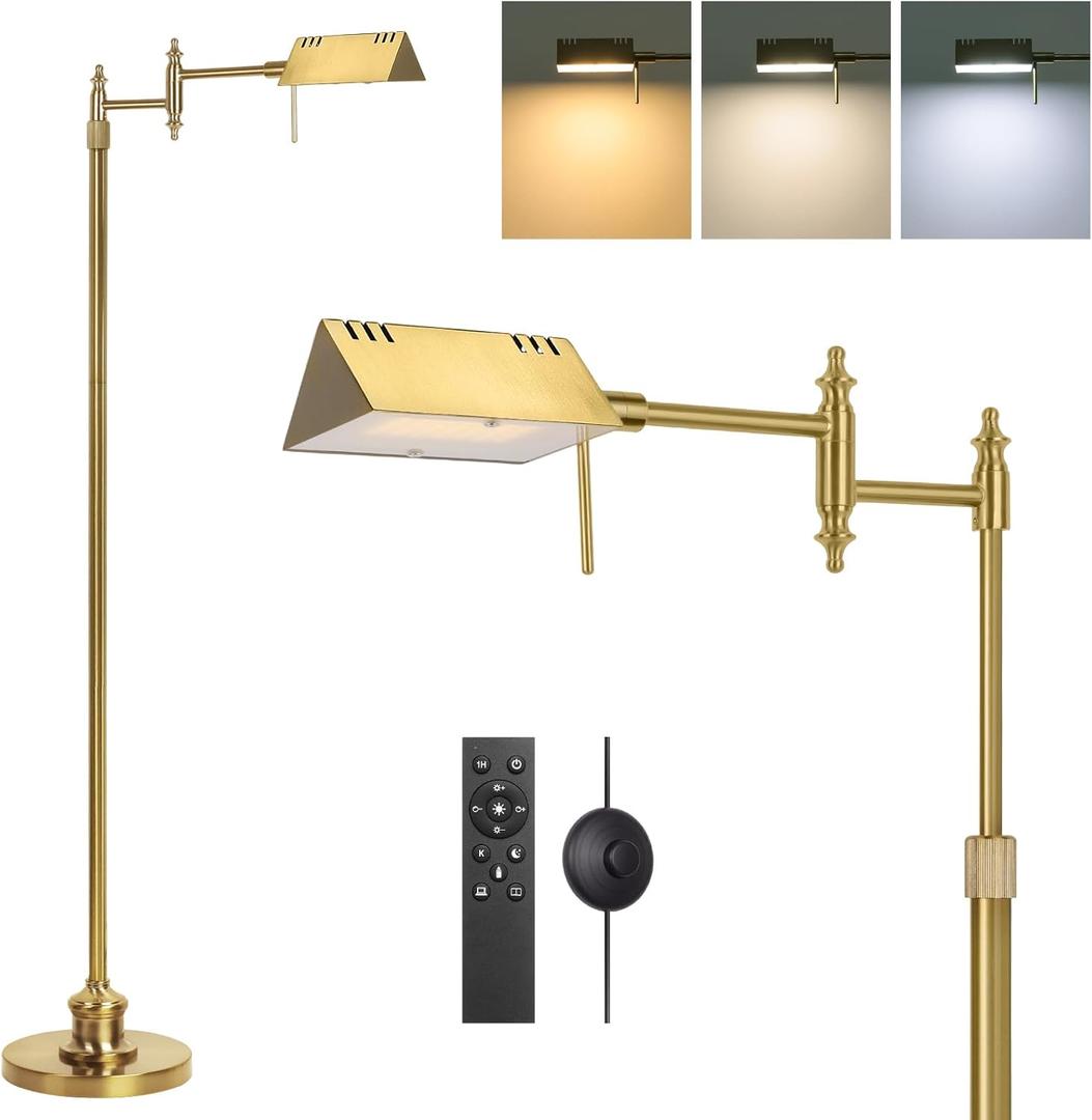 Dimmable Pharmacy Floor Lamp with Remote, 15W Gold LED Reading Floor Lamp with 360Swing Arm, 3 Color Temperature, Height Adjustable Standing Task Lamp for Living Room, Bedroom, Office, Antique Brass