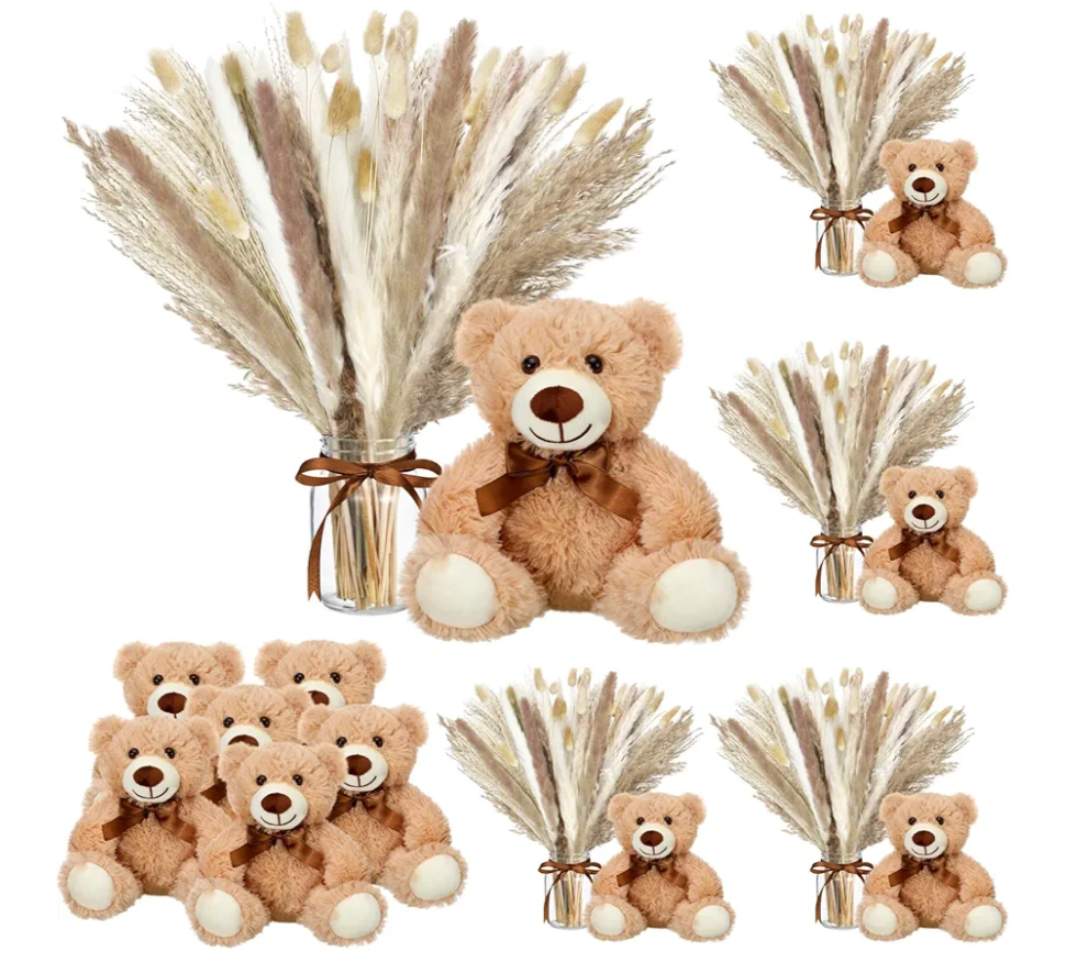 6 Sets 123 Pcs Baby Shower Table Centerpieces Dried Pampas Decor Bear Stuffed Ceramic Look Plastic Vase with Bow for Boho Wedding Bridal Shower Flowers Table Decorations (Brown, Mason Jars)