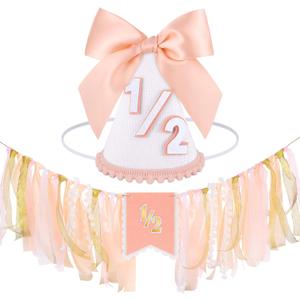 1/2 Birthday Hat Half Way to One Banner Birthday Decorations 6 Months Decorations Cone Hat for Girls Boys 1/2 Hat High Chair Banner Baby Shower (Blush Pink)