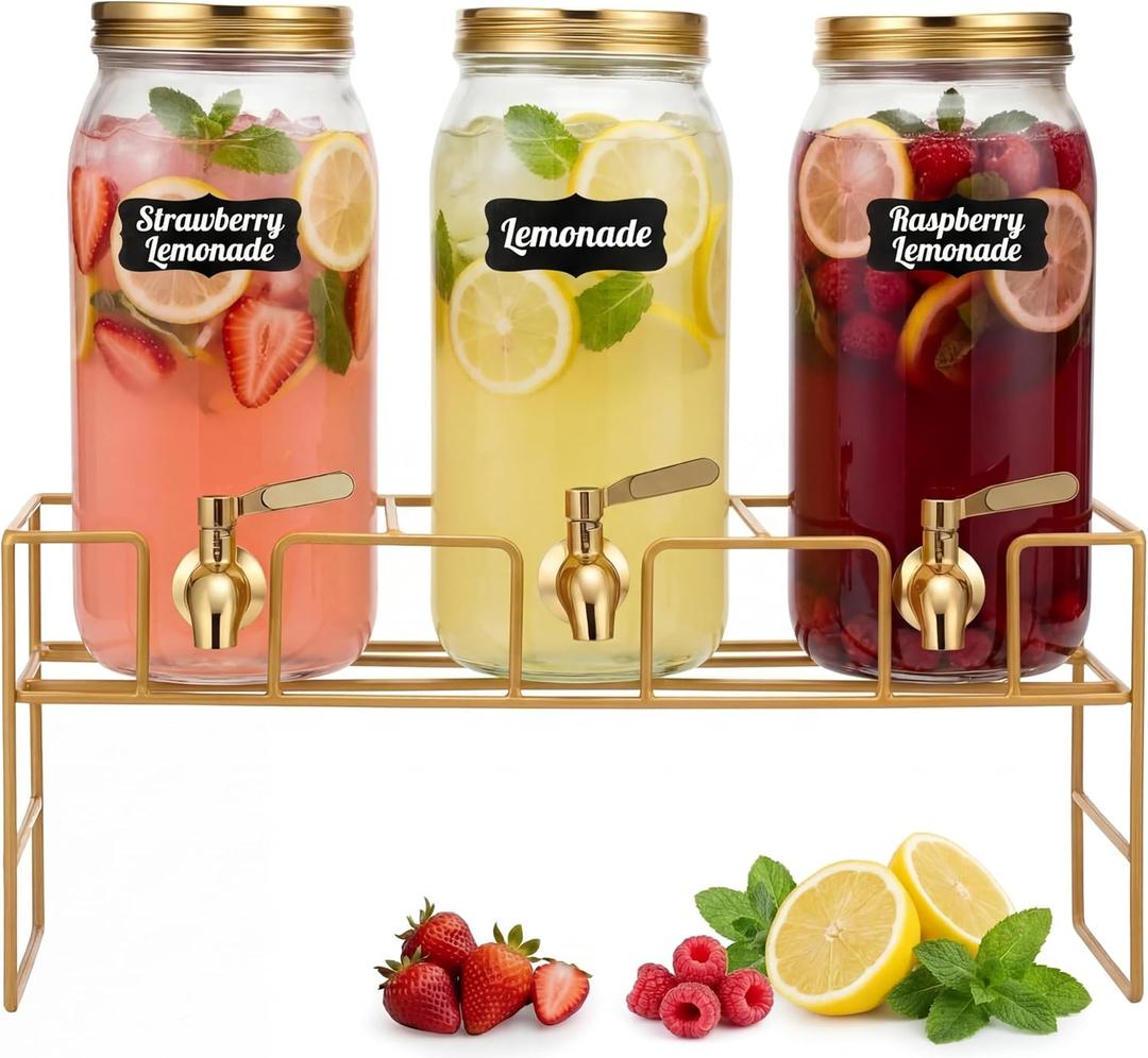 3 Pack 80 oz Glass Beverage Dispenser with Stand Clear Mason Jar Water Dispenser for Party, Fridge Includes Leakproof Stainless Steel Spigot, Black Lid and Label (Gold)
