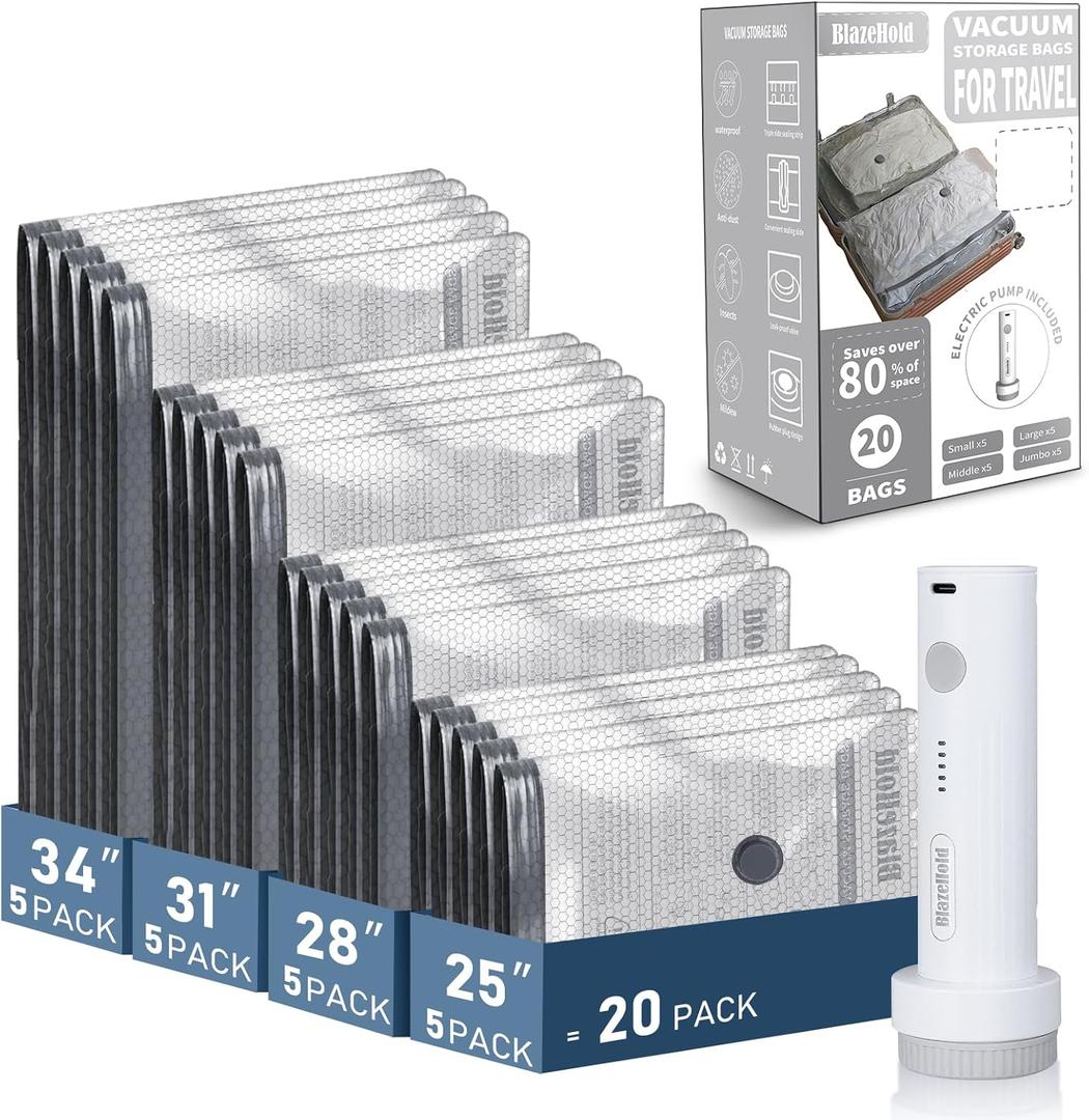 20 Pack Travel Vacuum Storage Bags with Rechargeable Electric Pump, Compression Packing Seal Bag for Luggage, 5 Small + 5 Medium + 5 Large + 5 Jumbo Space Saver Bags for Clothing Travel (20 Pack In 4 Sizes)