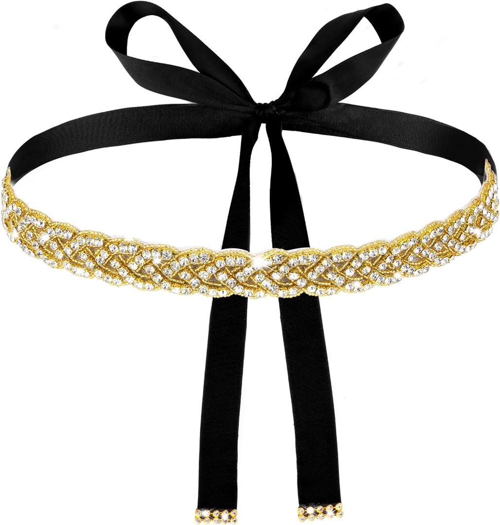 Handmade Rhinestone Bridal Belt, Gold Bridal Wedding Dress Sash Trim Crystal Belt With Ribbons for Bridal Gowns (Black)