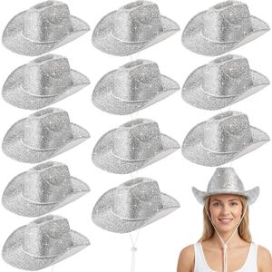 12 Pcs Cowboy Hat Sparkly Glitter Neon Cowgirl Hats (Silver)