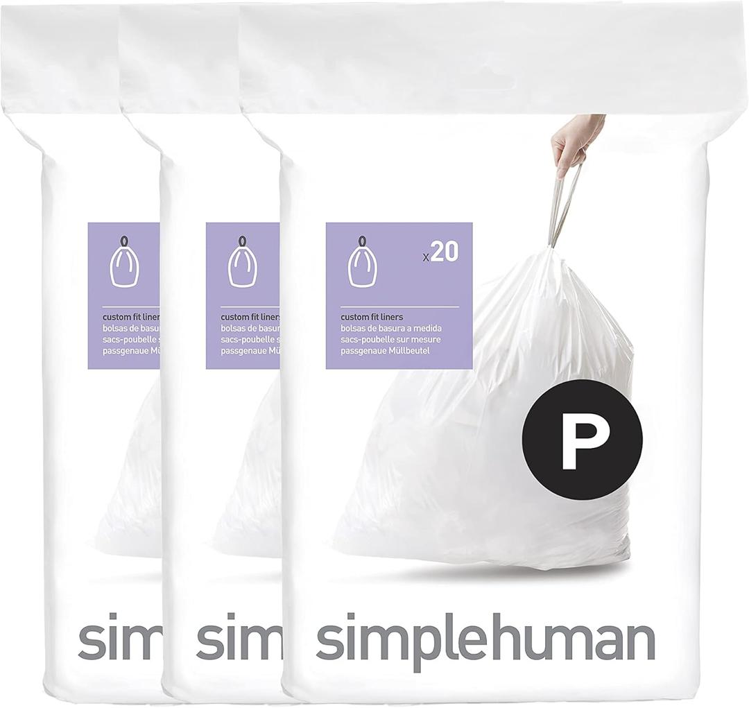 simplehuman Code P 60 Count, Dispenser Pack Custom Fit Liners, Drawstring Trash Bags, 50-60 Liter / 13-16 Gallon, White