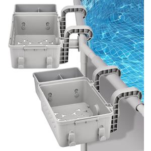 Pool Storage Basket 2 Pack Grey Recycled Plastic with Cup Holder and Hooks, Pool Accessories, Side Basket for Above Ground Pool