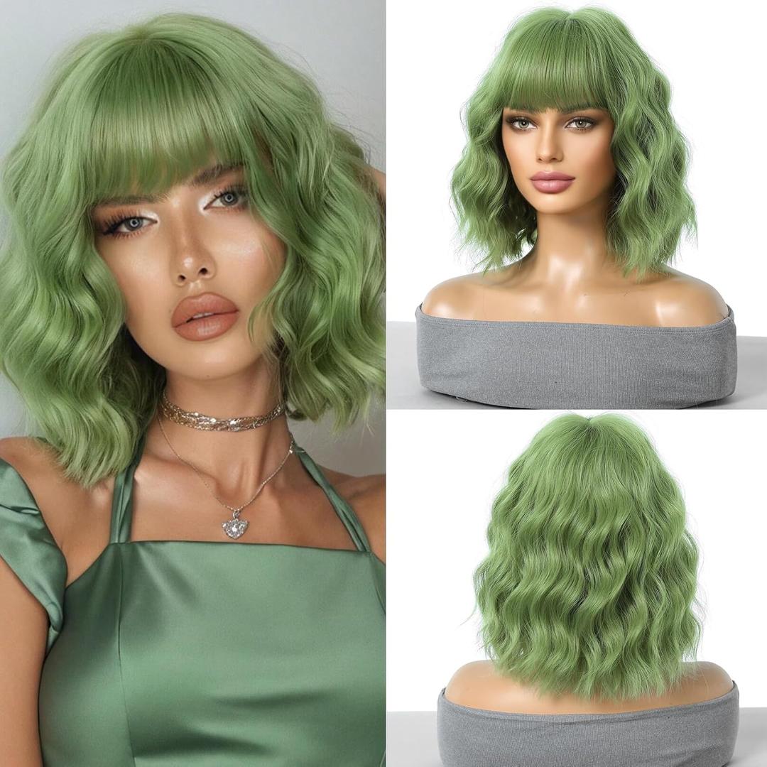 Green Wig: Short Curly Wavy Hair With Bangs, Avocado Green Bob Wig - Heat Resistant Synthetic Hair for Daily Use & Cosplay Green Wig: Short Curly Wavy Hair With Bangs, Avocado Green Bob Wig - Heat Resistant Synthetic Hair for Daily Use & Cosplay