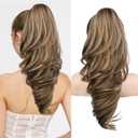 SEIKEA Ponytail Extension, 18" Wavy Claw Clip in Hair Extensions for Women, Lightweight Fluffy Synthetic Ponytail Hairpiece, Natural Soft & Easy to Wear, for Short & Medium Hair Choco-Brown/Highlight