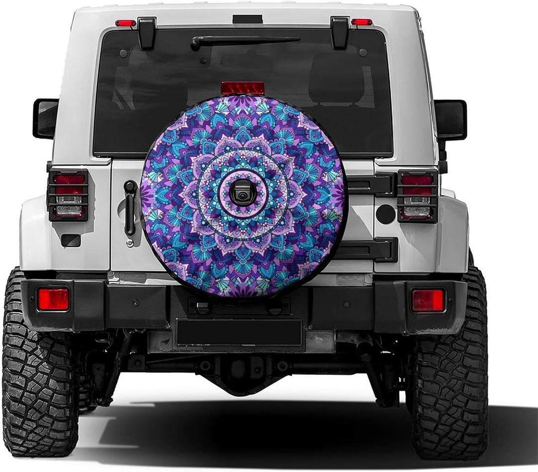 Bohemian Style Mandala Print Spare Tire Cover with Backup Camera Hole Wheel Tire Cover Fit Trailer, RV, SUV and Many Vehicle 18inch, 18'' with Backup Camera Hole