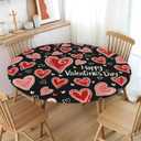 Valentines Day Round Tablecloth Fitted Best for 40"-44" Black Red Heart Table Cloth Vintage Elastic Edge Water-Resistant Washable Love Decoration Table Cover for Party Picnic Indoor Decor