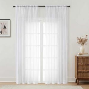 White Sheer Curtains 90 inches Long - Striped Pattern Light Filtering Semi Sheer Curtains for Bedroom, Window Treatment Rod Pocket Drapes 2 Panels, Each 42Wx90L Inches