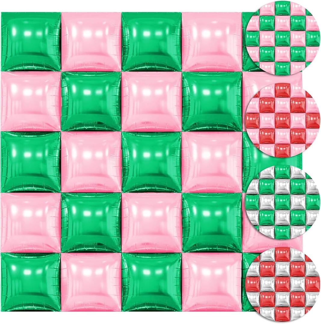 30PCS Double Sided Square Foil Balloons Wall,19 Inches Chrome Foil Balloons Tunnel Arch Garland Kit for Birthday,Anniversary,Wedding,Graduation Party Background Graduation Party Decoration (Pink Silver and Red Green)