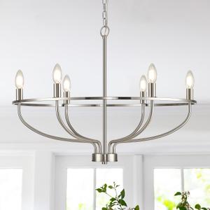 Brushed Nickel Chandelier, 6-Light Dining Room Chandelier Chrome Light Fixture Metal Candle Kitchen Chandeliers 28inch Round Chandeliers with Long Chain for Bedroom Living Room
