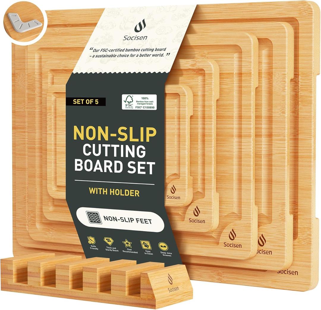 5 Packs Bamboo Cutting Board Set with Non Slip Feet Holder and Over Sink Nice Solid Thick Wood Juice Groove Chopping Board Small Big Xl XXl xlarge Oversized Kitchen Counter Organic Vegetable Meat Kit (Natural)