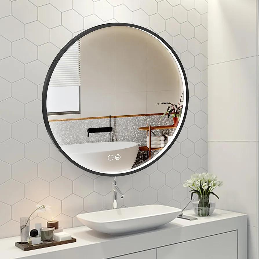 boldmonkey Black Round LED Mirror for Bathroom, 32 Inch Frame Circle Mirror with Light, Stepless Dimmable Vanity Mirrors for Wall, Anti Fog, Memory, Shatterproof