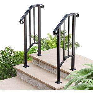 2 Step Handrails for Outdoor Steps, Fit 1 or 2 Steps Outdoor Stair Railing for Concrete Steps, Black Wrought Iron Railing, Exterior Hand Railing for Steps Adjustable Metal Hand Rails for Deck Porch