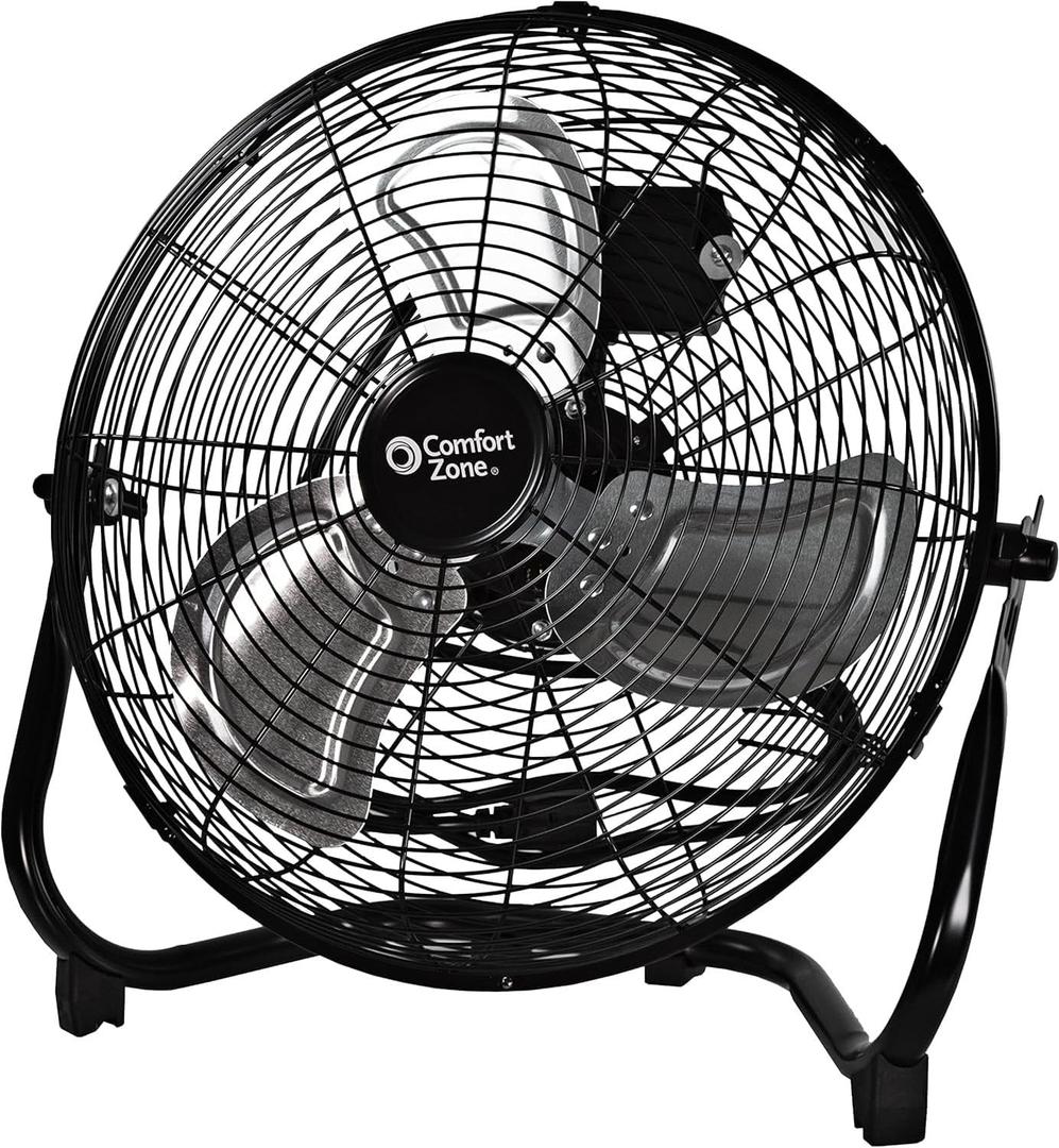 Comfort Zone Cradle Floor Fan, Electric, High-Velocity,180 Degree Adjustable Tilt, 14 inch, 3 Speed, Carry Handle, Rubber Feet, Metal, Airflow 21 ft/sec, Ideal for Garage or Workshop, CZHV14B