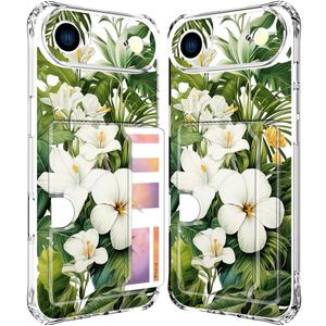Compatible with iPhone 17 Air Case Card Holder for Women Cute Design,Wallet Phone Cases Transparent Cool Kawaii Protective (Clear Green Flowers Tropical Jungle)