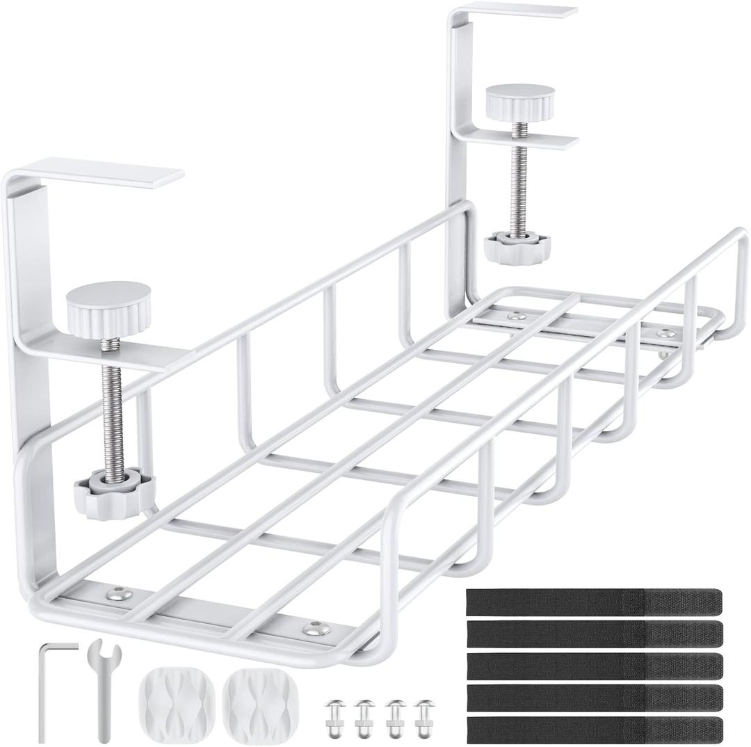 Under Desk Cable Management Tray, 15.7'' No Drill Steel Cable Tray Organizers, Wire Management Tray Cable Rack with Clamp Mount, Metal Under Desk Tray with Wire and Cord Organizer White1pack