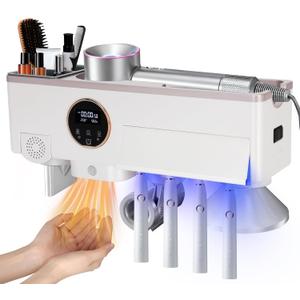 Toothbrush Holder Cleaner, Smart Automatic Toothbrush & White Hair Dryer Holder, Sensor Light, Touch Screen Timer, Bathroom Wall Accessories Organizer