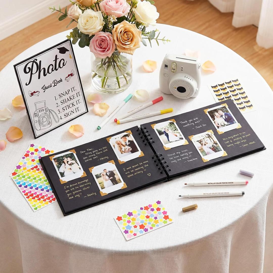 Eaasty 2026 Graduation Guest Book Set for Instant Photos, 11.6 x 8.3 Inch Scrapbook Album with Wooden Sign, Metallic Markers & Corner Stickers, 80 Pages DIY Grad Party Decorations(Black)