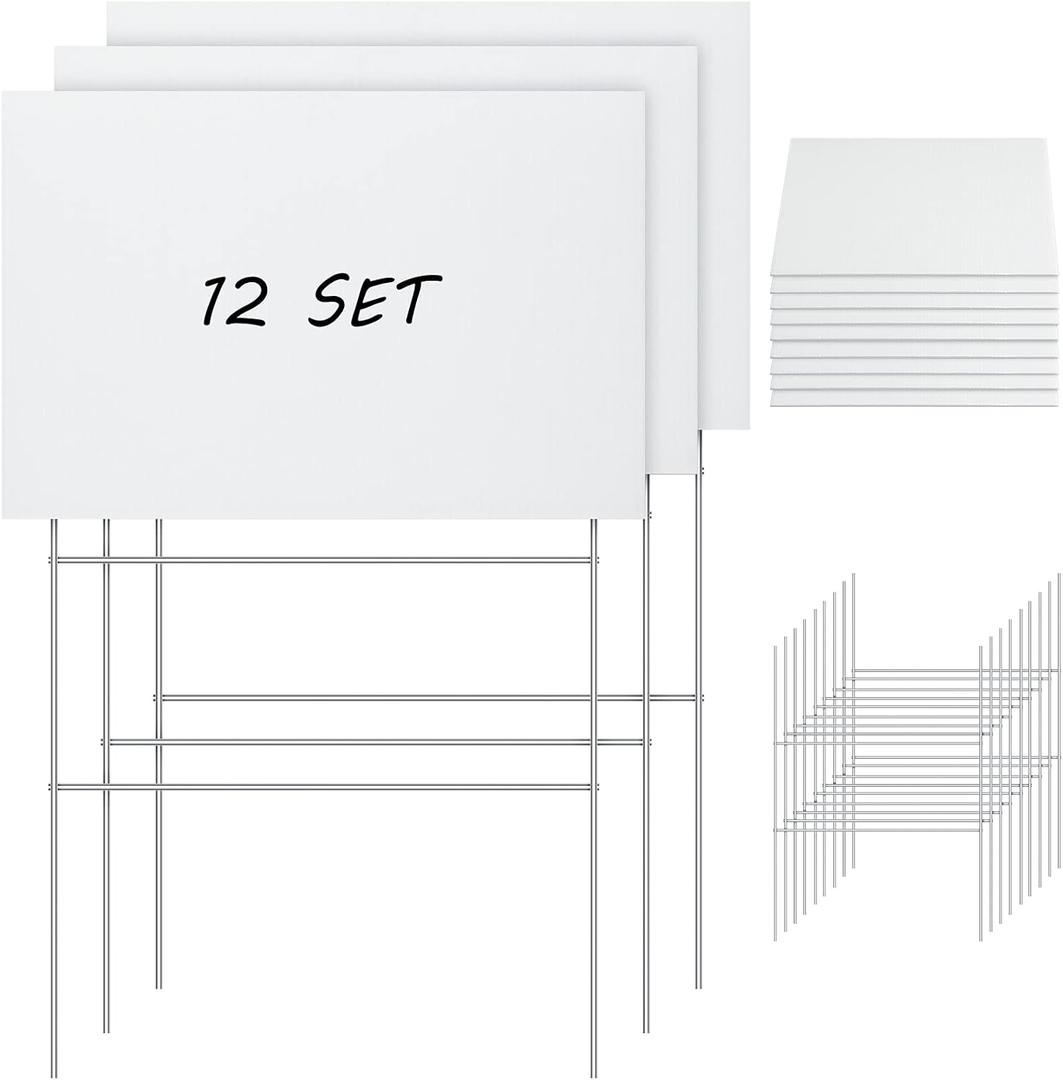 Jetec 24 Pcs Blank Yard Signs with H Stakes 12 x 8 Inches Corrugated Plastic Lawn DIY Double Sided Outdoor Signs for Garage Guidepost Rent Open House Birthday Party Decorations(White)