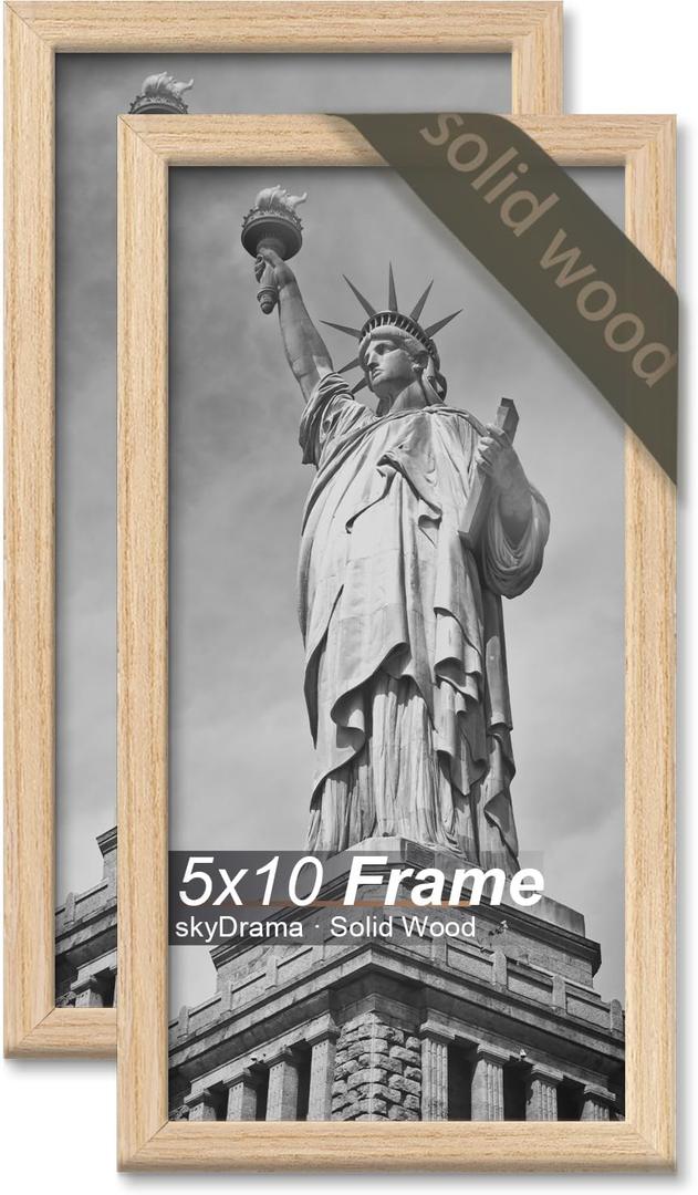 Natural Solid Wood 5x10 Picture Frame, Display 5 x 10 Inch Picture Poster Photo, Vertical & Horizontal Wall Hanging - 2 Pack/Natural/5"x10"