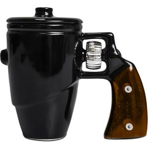Revolver Gun Mug with Lid, Novelty Ceramic Coffee & Tea Cup with Spin Wheel Handle, 3D Pistol Gag Gift Mugs, Ideal Military Gifts for Men, Coworker & Gun Enthusiasts, 16 oz (Black1)