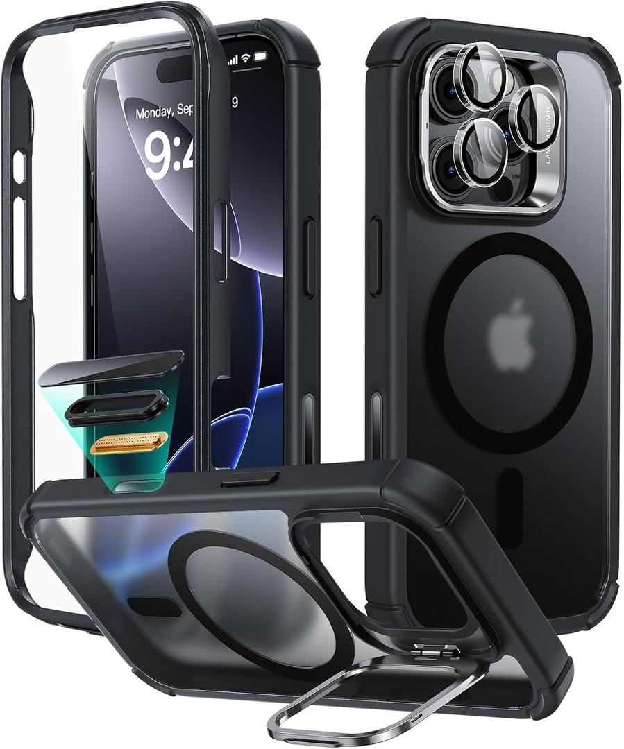 ESR for iPhone 16 Pro Case with Stand, Camera Control Button Compatible with MagSafe, Full-Body Military-Grade Drop Proof Case with Built-in 9H+ Tempered Glass Screen Protector, Frosted Black