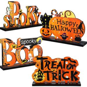 4pcs Halloween Table Decorations Mouse Wood Centerpieces Happy Halloween Party Decorations Spooky Ghost Trick or Treat Pumpkin Pattern Halloween Centerpieces for Tables