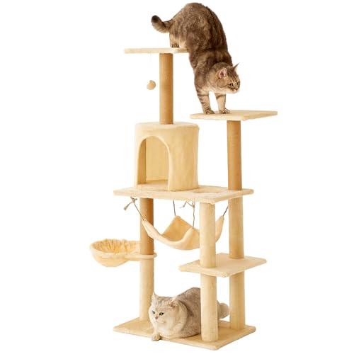52 Inch Tall Cat Tree Tower with Scratching Post, Plush Condo with Scratching Post, Ramp, Perch, Spacious Cave, for Small Space
