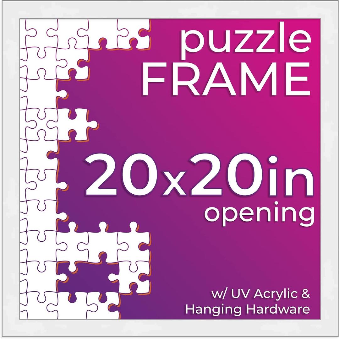 Poster Palooza 20x20 Jigsaw Puzzle Frame Kit - Kit Includes Puzzle Glue Sheets, White Wood Puzzle Frame, UV Acrylic, Backing, Hanging Hardware